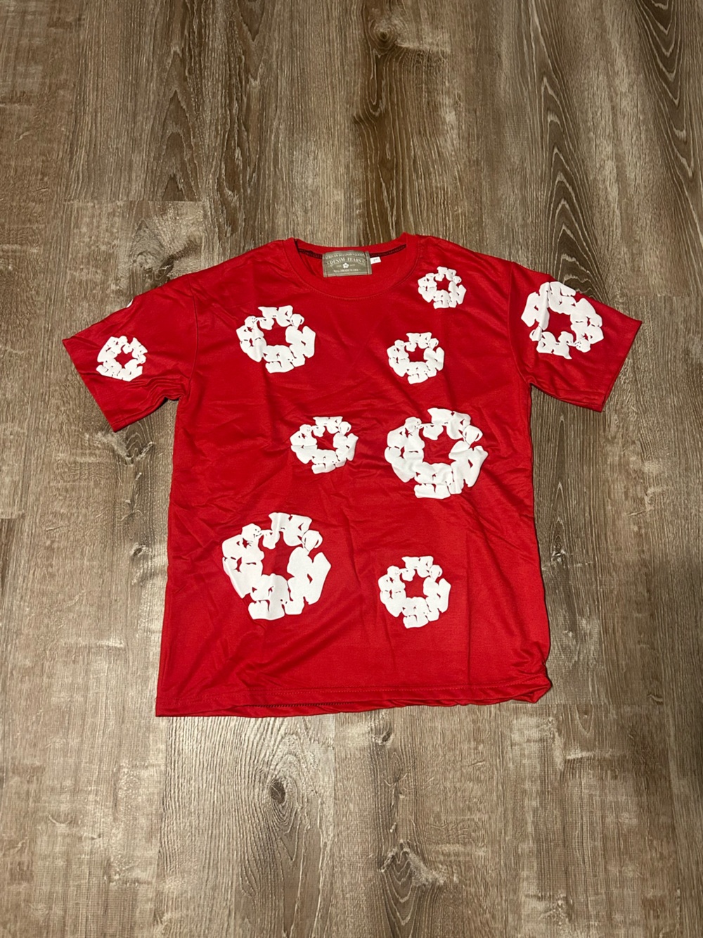 Men's Red Denim Tears Short-Sleeve Tee with White Floral Ring Prints